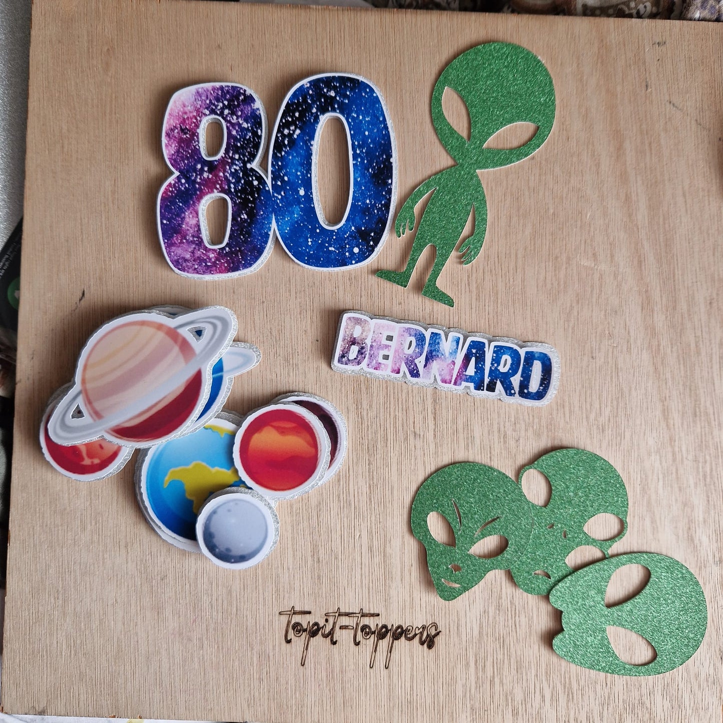 Out of This World Alien & Space Cake Charm set | Personalized Galaxy Birthday Decorations | Single Layer