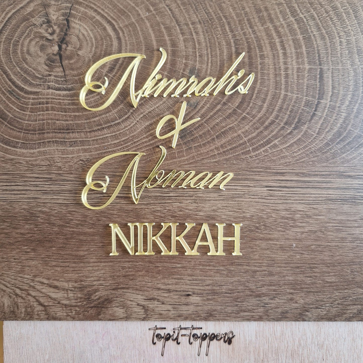 Elegant Gold Acrylic Wedding Cake Topper - Custom Names & Nikkah