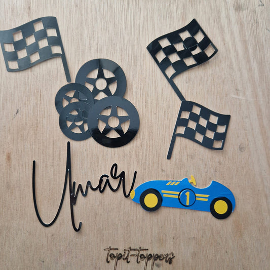 Racing Car Cake Charm Set | Personalised Age & Name | Car Party Decor