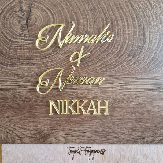 Elegant Gold Acrylic Wedding Cake Topper - Custom Names & Nikkah